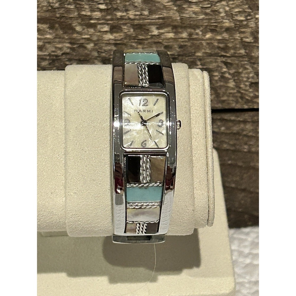 Narmi Watch Women 21mm Silver Tone MOP Mosaic Hinged Cuff Band New Battery 6.75"